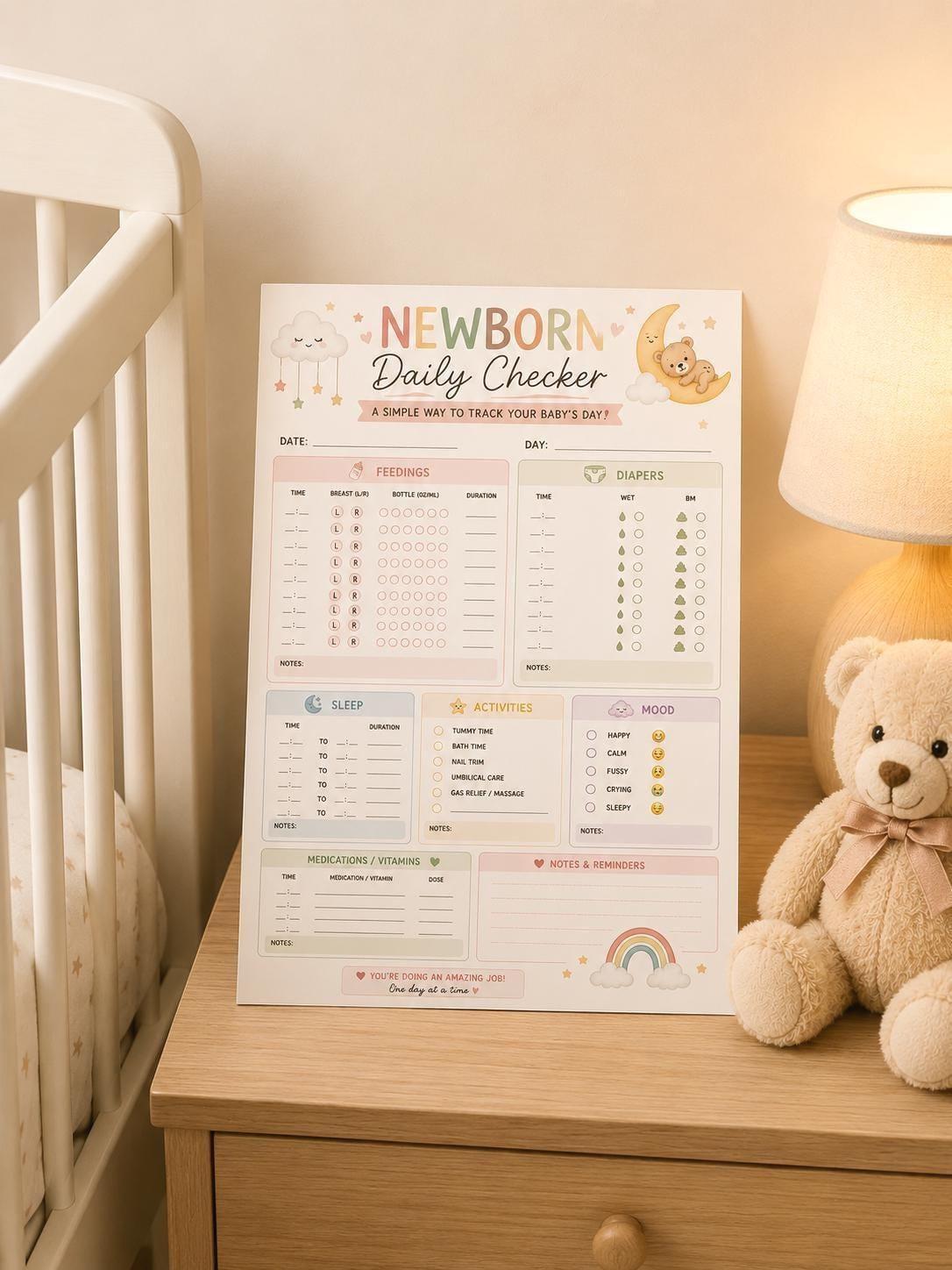 Newborn Daily Checker Visual Printable: Baby Feeding, Sleep, Diaper Tracker (PDF Download).