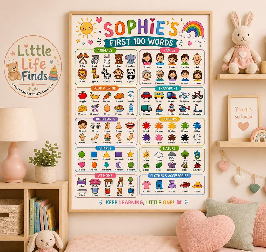Personalised Girl's First 100 Words Rolled Poster | Kids Educational Wall Chart.