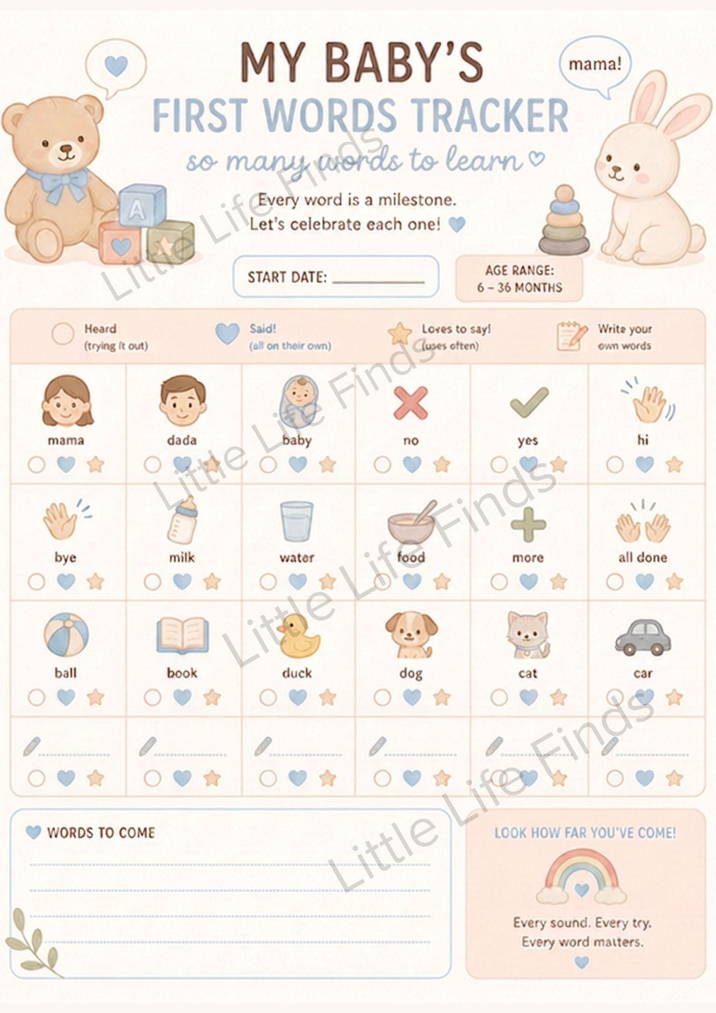 Baby First 30 Words Tracker Printable PDF | A4 & US Letter.