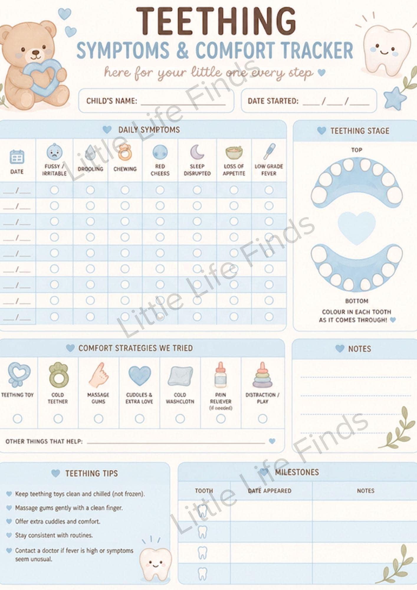 Baby Teething Symptoms Tracker Visual Daily Log Printable.