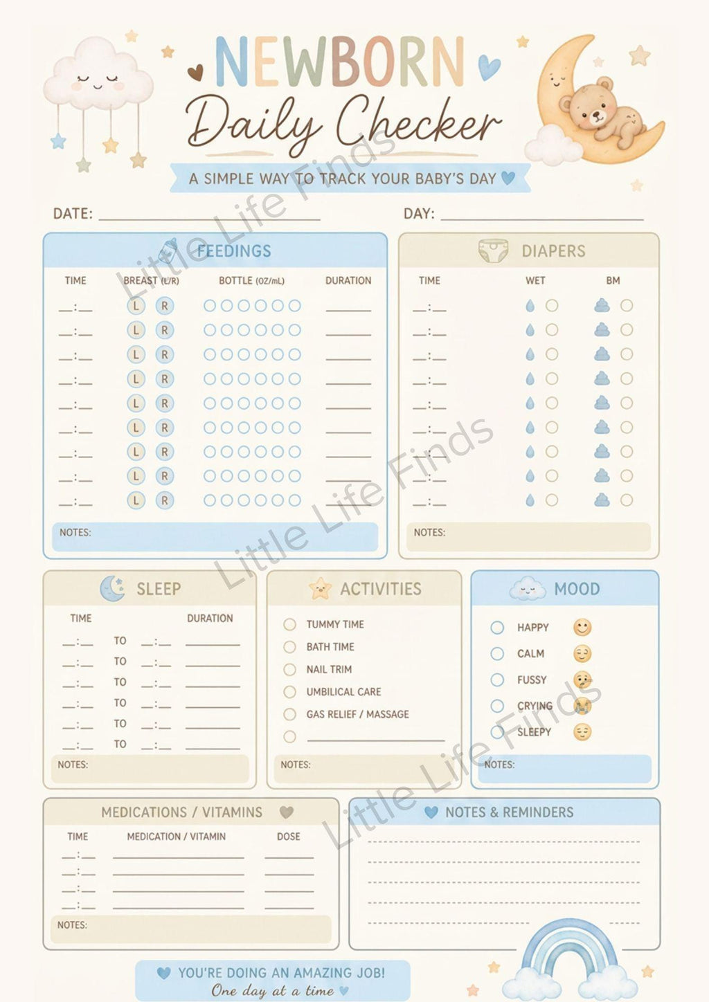 Newborn Daily Checker Visual Printable: Baby Feeding, Sleep, Diaper Tracker (PDF Download).
