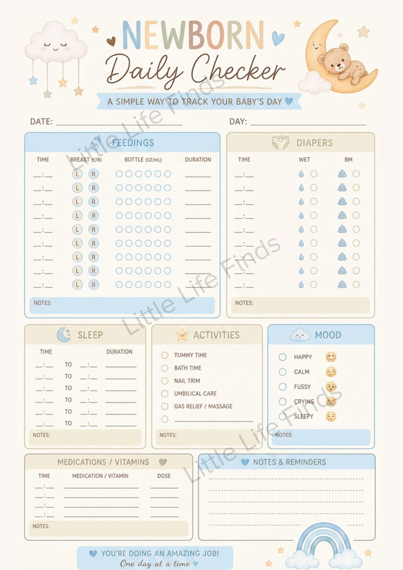 Newborn Daily Checker Visual Printable: Baby Feeding, Sleep, Diaper Tracker (PDF Download).