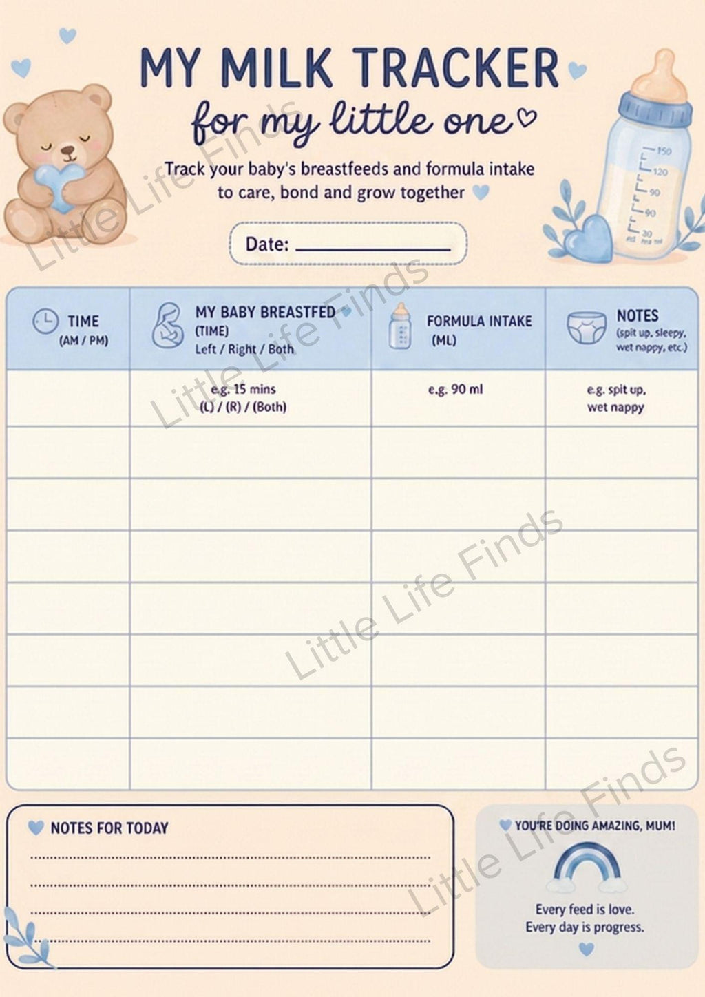 Newborn Baby Milk Visual Tracker Daily Planner Checklist.