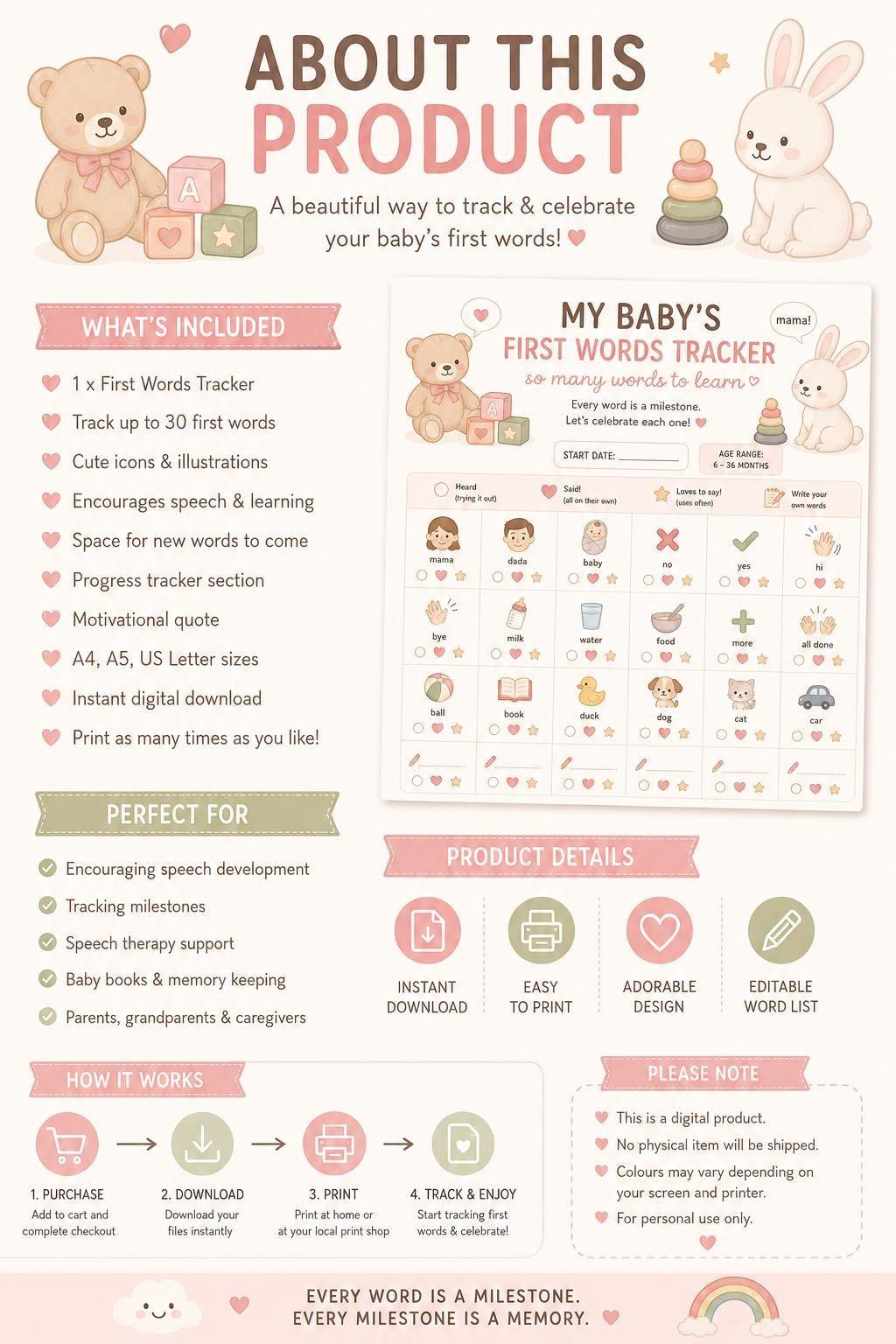 Baby First Words & Actions Printable Tracker Bundle | PDF Digital Download.