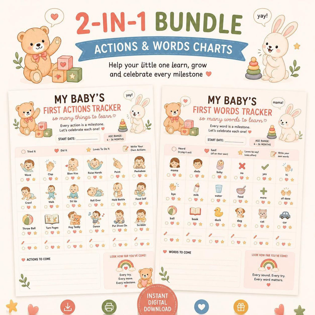 Baby First Words & Actions Printable Tracker Bundle | PDF Digital Download.