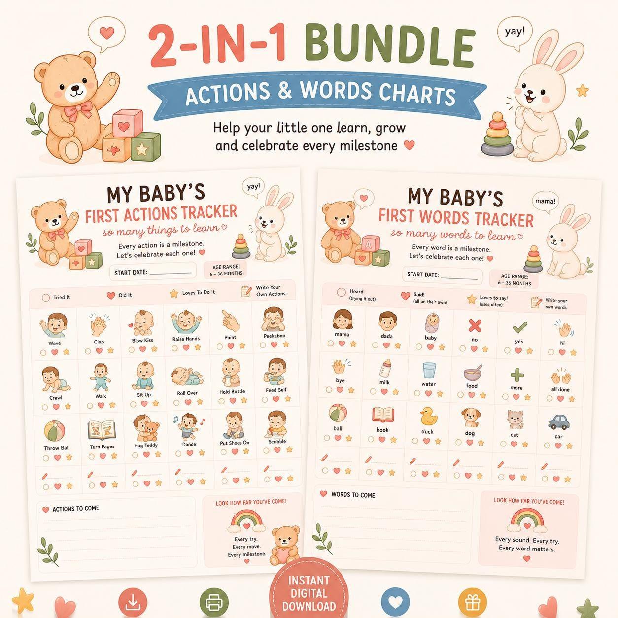 Baby First Words & Actions Printable Tracker Bundle | PDF Digital Download.