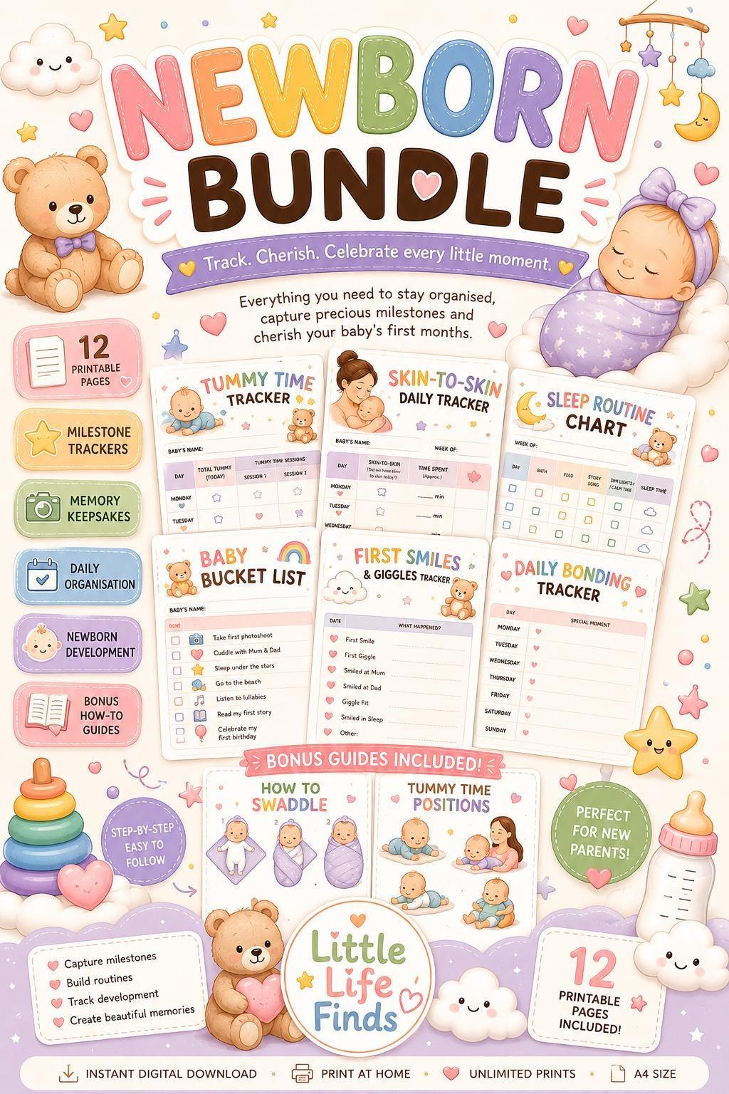 Newborn Bundle Tracker Charts | 12 Printable Organiser Pages (Digital Download).