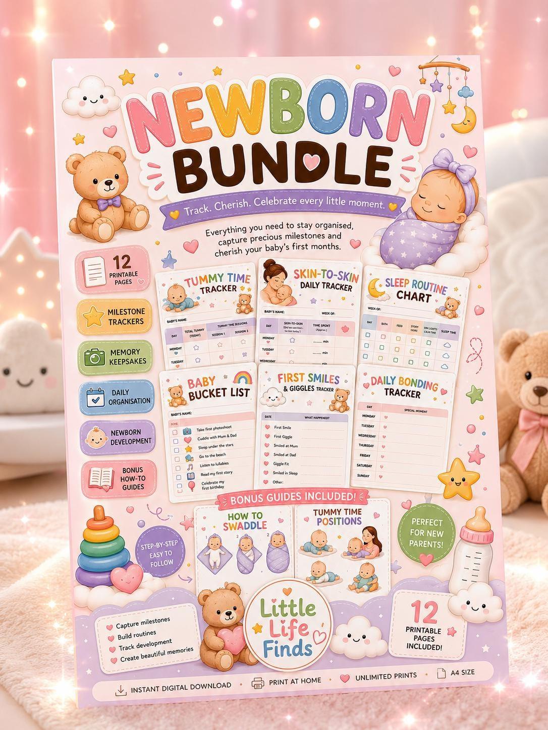 Newborn Bundle Tracker Charts | 12 Printable Organiser Pages (Digital Download).