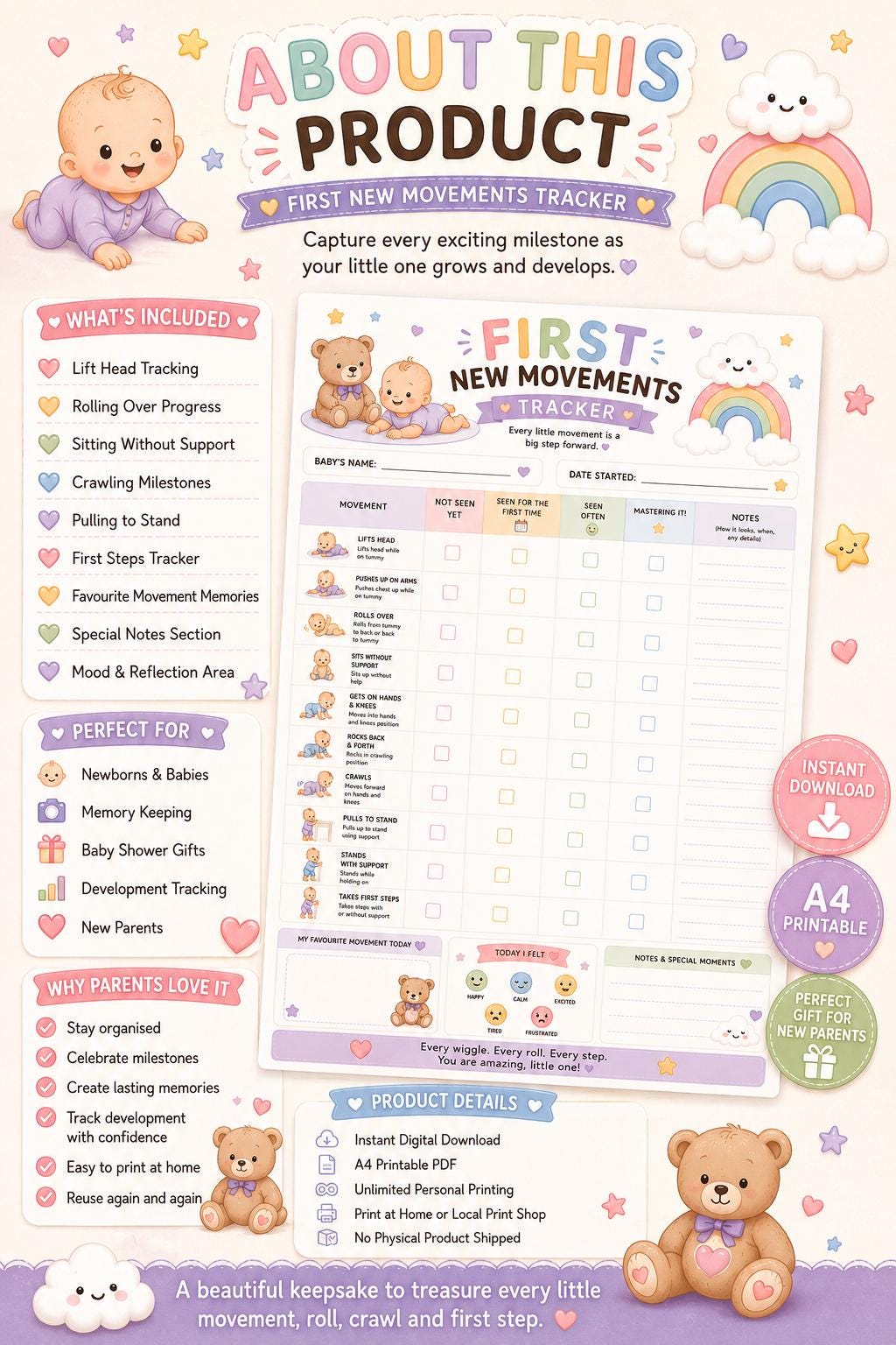 Baby Milestone Tracker Printable | Development Checklist | First Steps Keepsake.