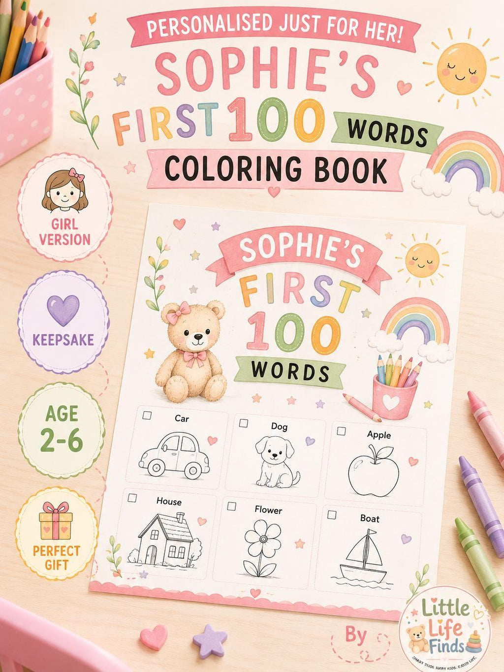 Personalised Girls First 100 Words  Teddy Coloring Book Printable.