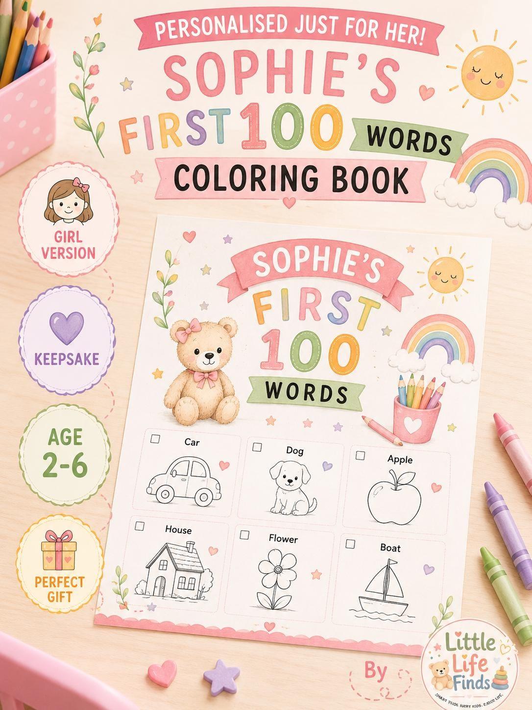 Personalised Girls First 100 Words  Teddy Coloring Book Printable.