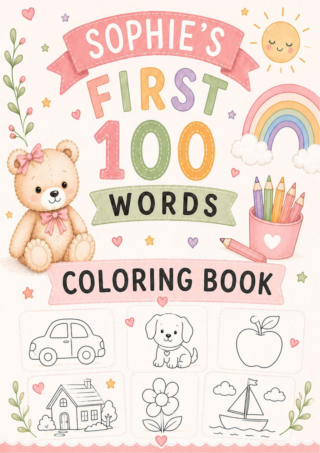 Personalised Girls First 100 Words  Teddy Coloring Book Printable.