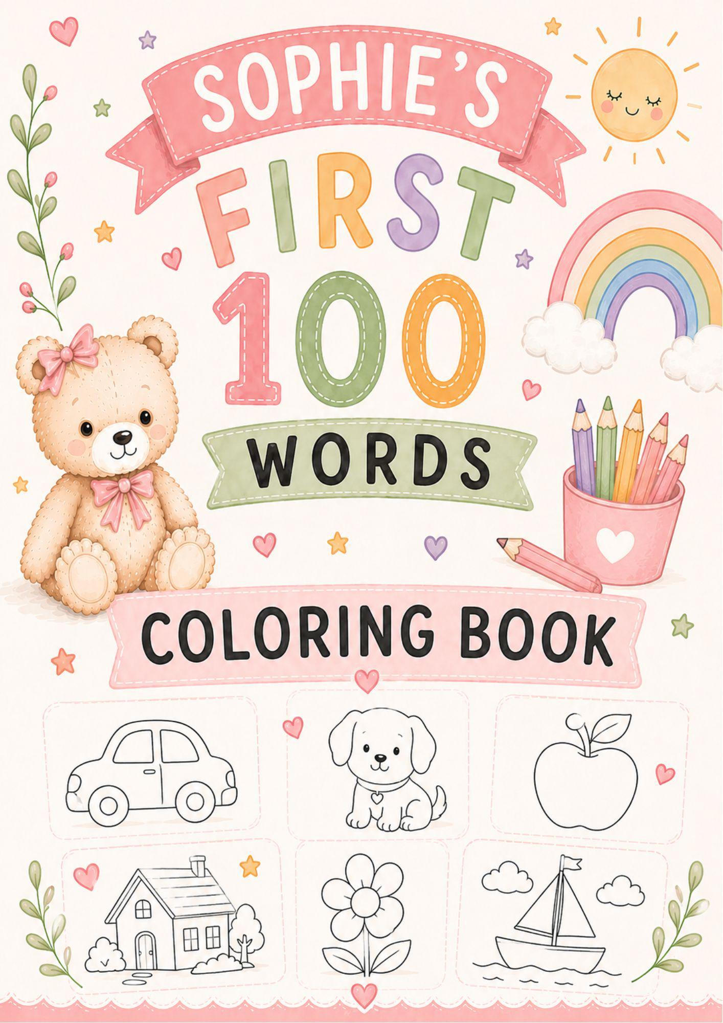 Personalised Girls First 100 Words  Teddy Coloring Book Printable.