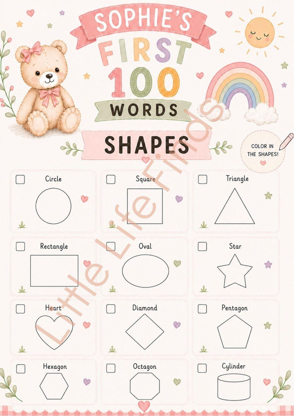 Personalised Girls First 100 Words  Teddy Coloring Book Printable.