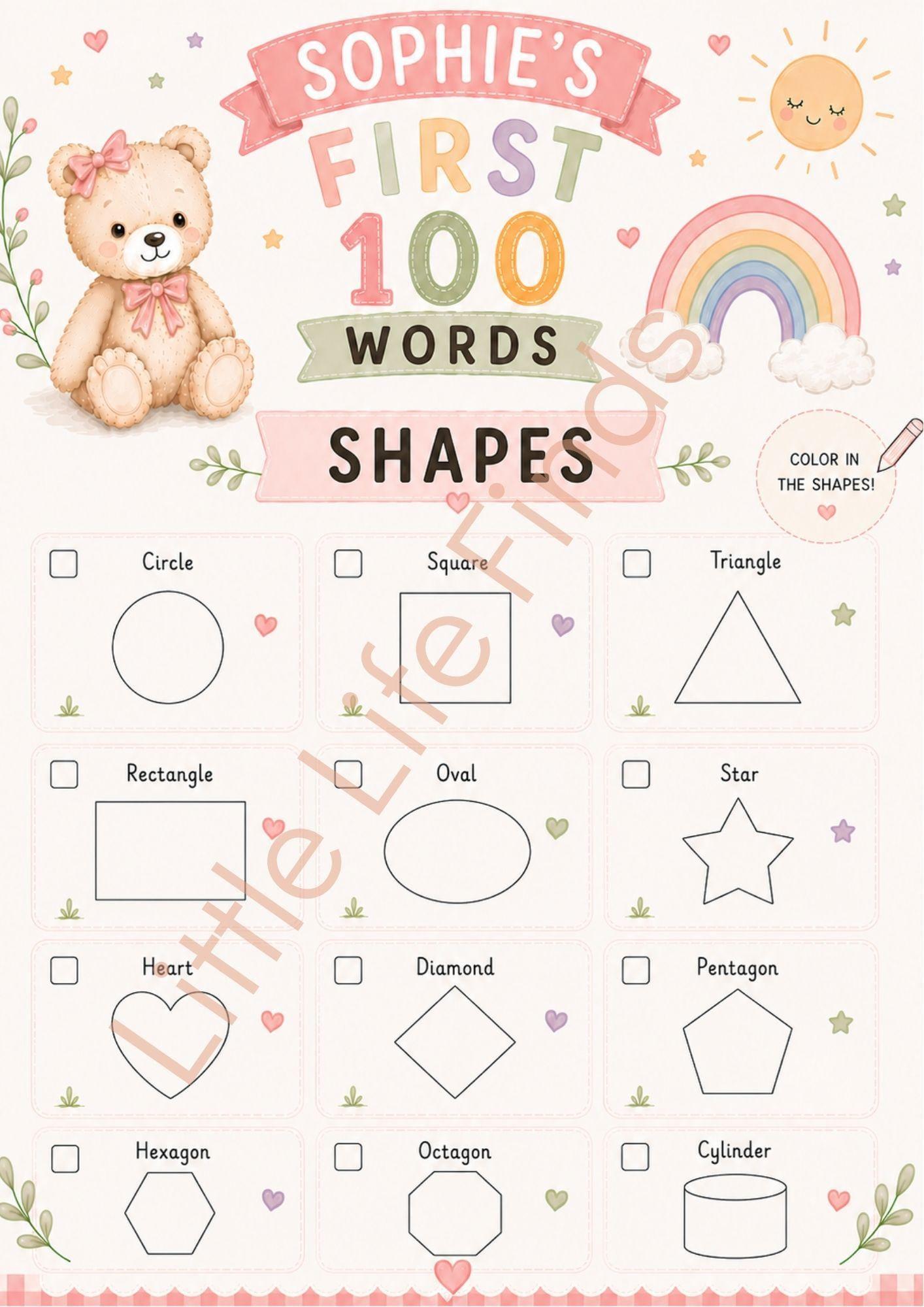 Personalised Girls First 100 Words  Teddy Coloring Book Printable.