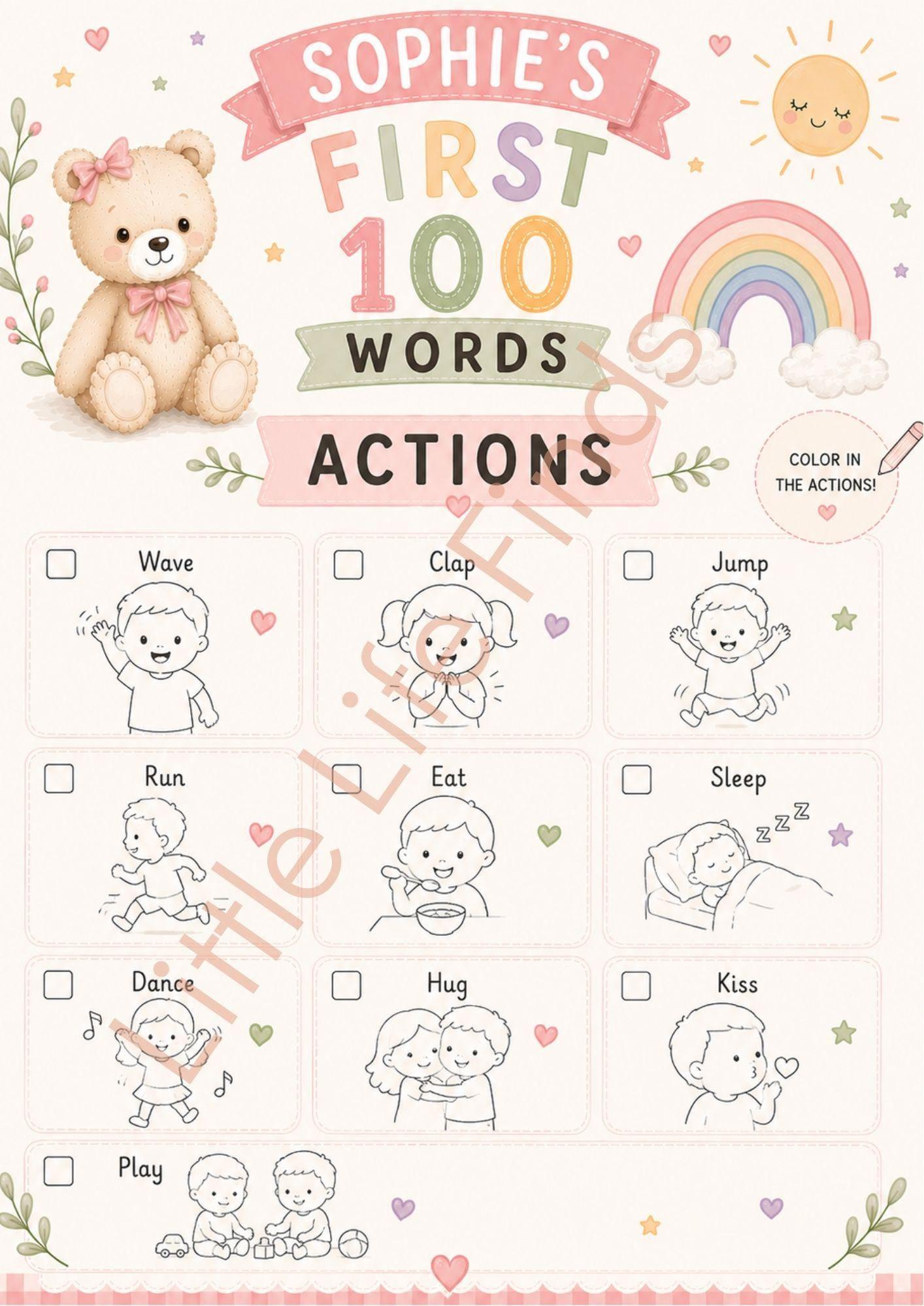 Personalised Girls First 100 Words  Teddy Coloring Book Printable.