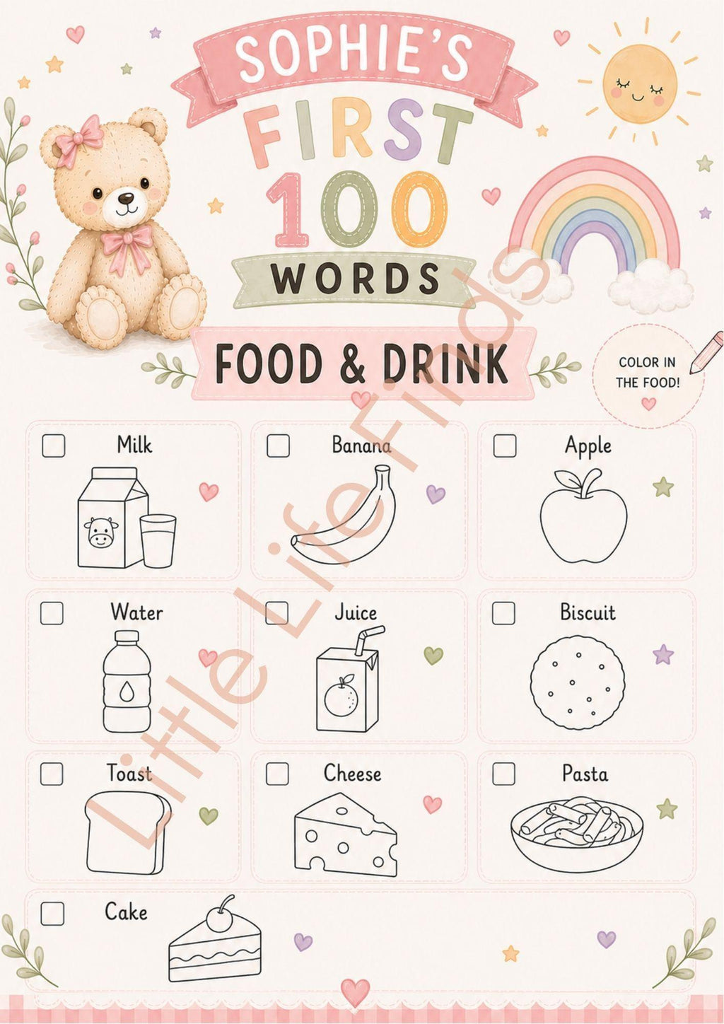 Personalised Girls First 100 Words  Teddy Coloring Book Printable.
