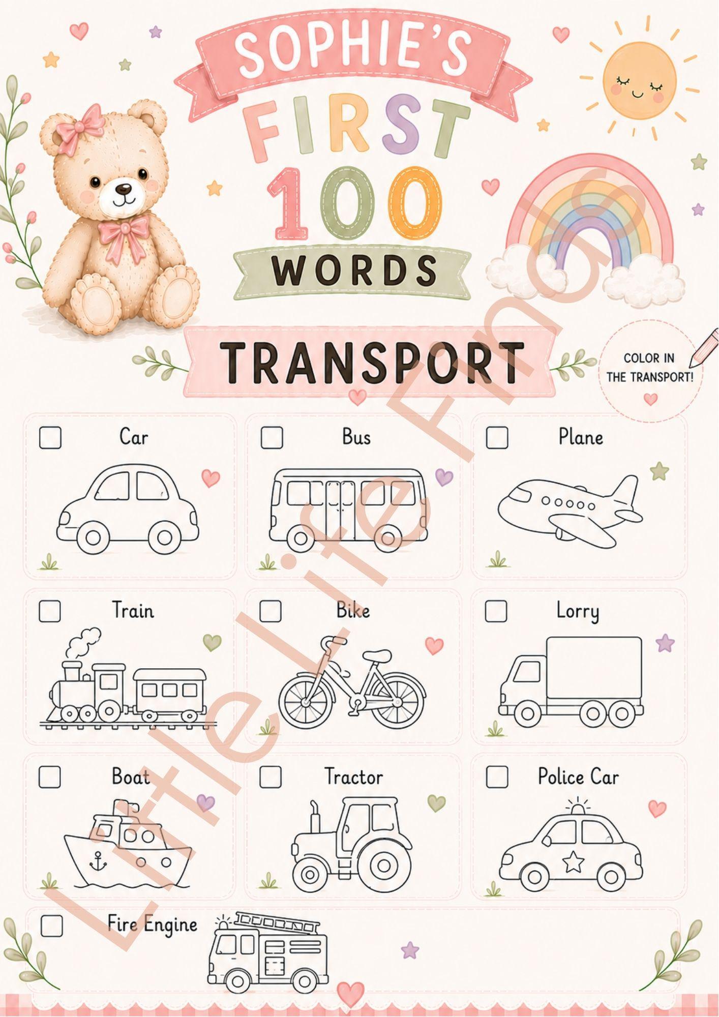 Personalised Girls First 100 Words  Teddy Coloring Book Printable.