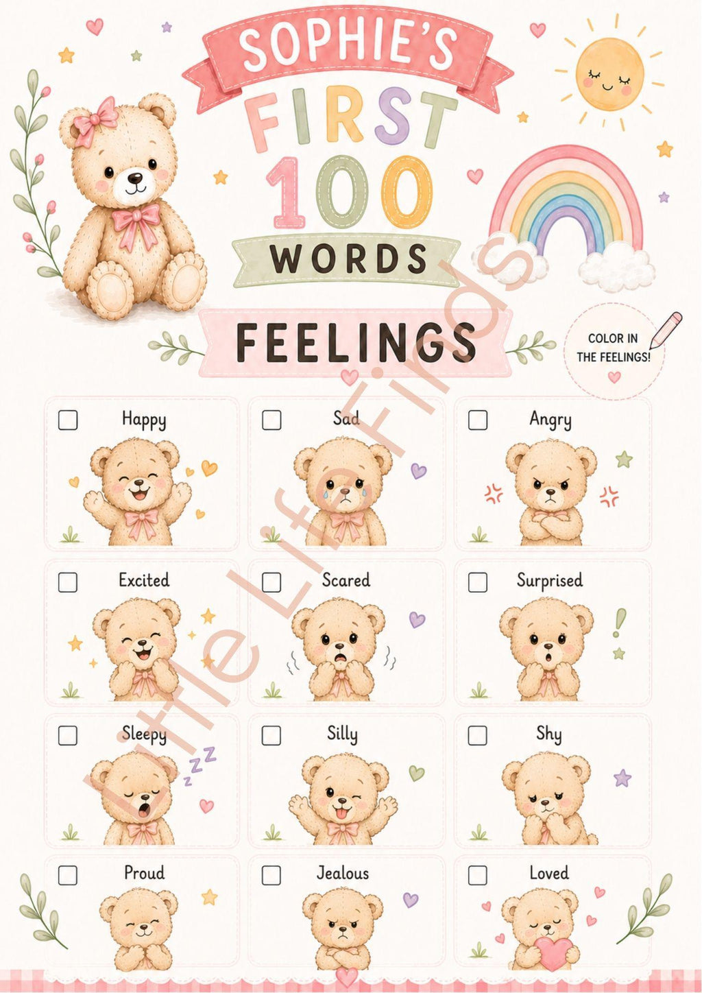 Personalised Girls First 100 Words  Teddy Coloring Book Printable.