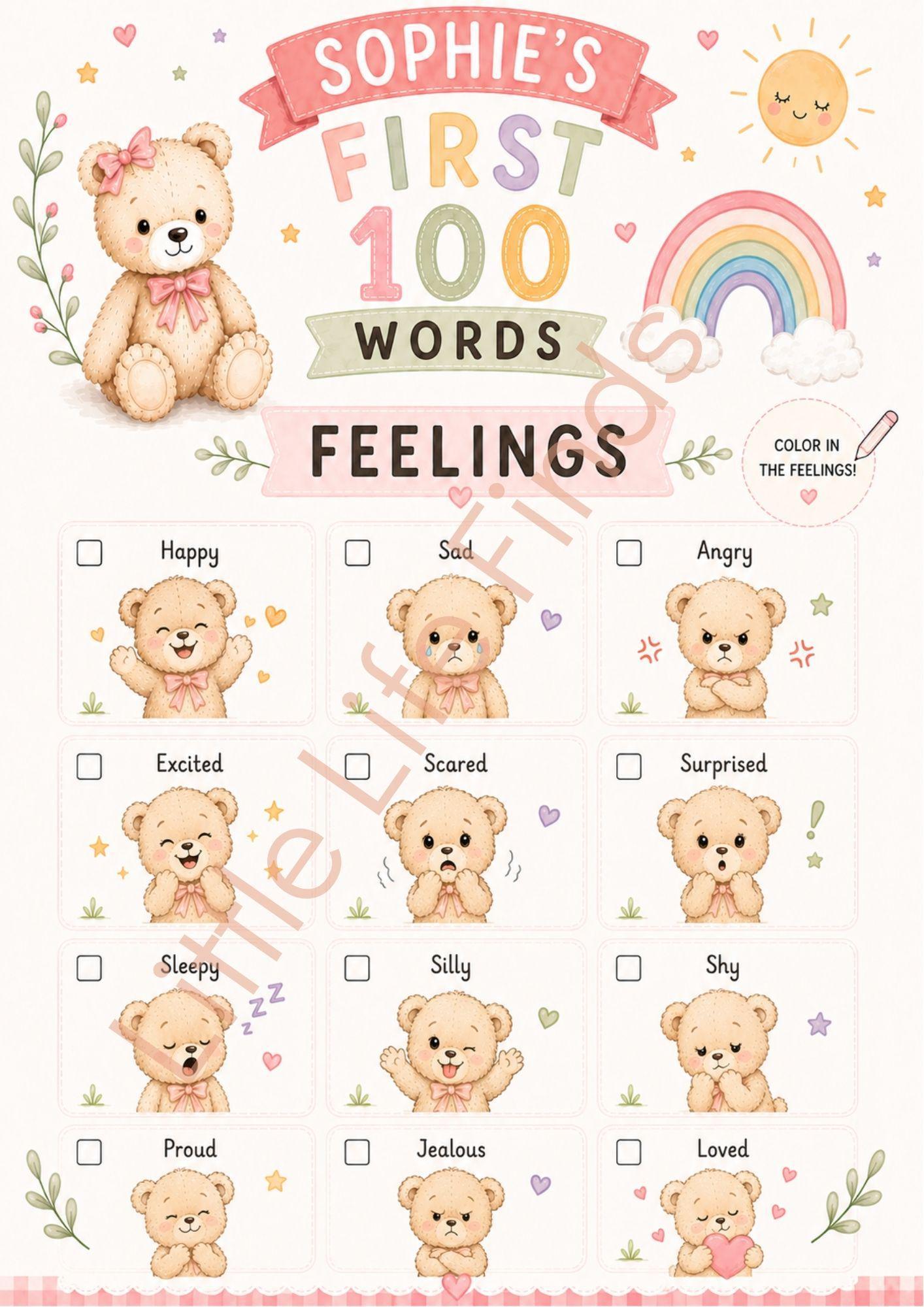 Personalised Girls First 100 Words  Teddy Coloring Book Printable.
