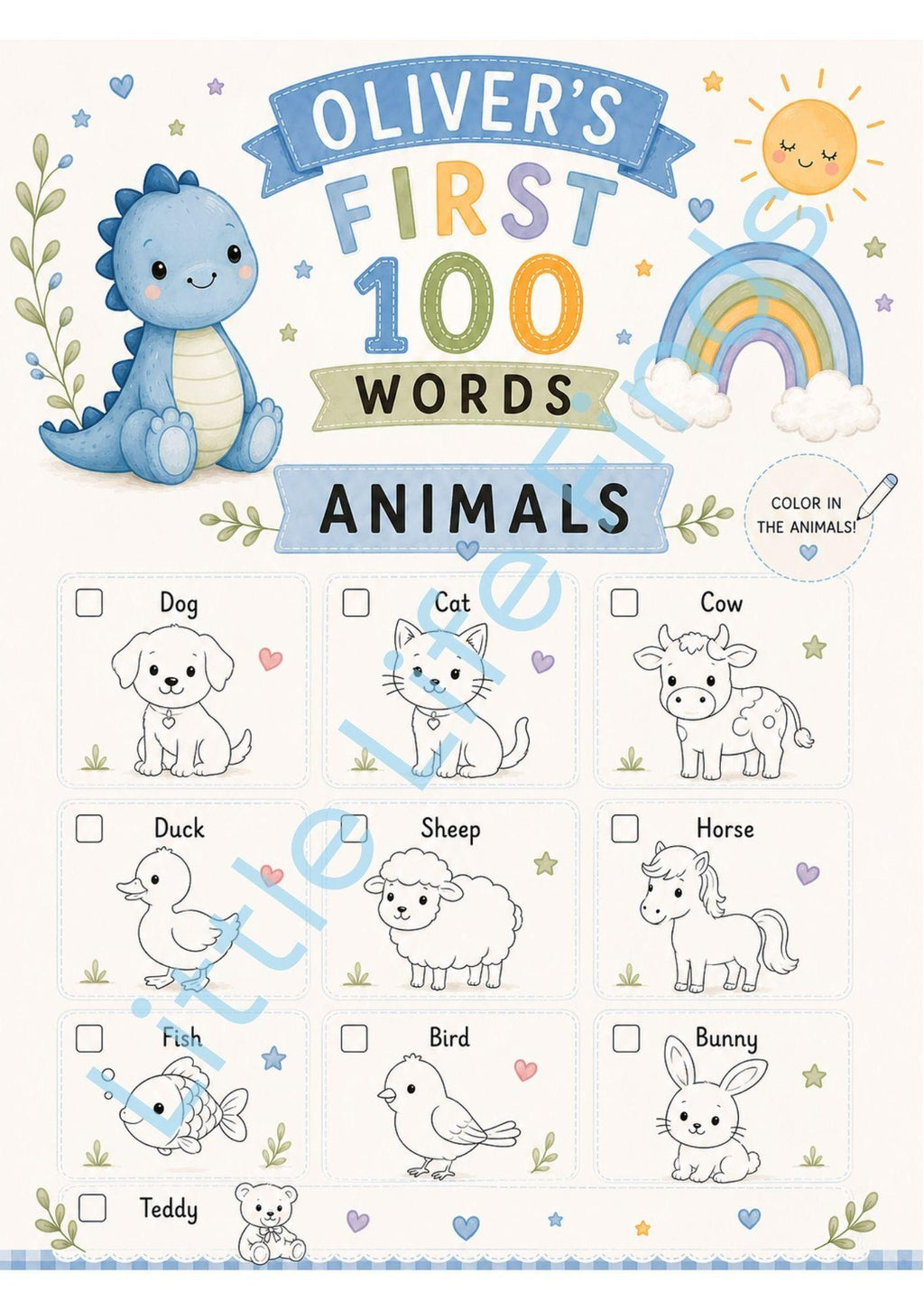 Personalised Boys First 100 Words Learning Dinosaur Coloring Book Printable PDF Toddler Educational Keepsake.