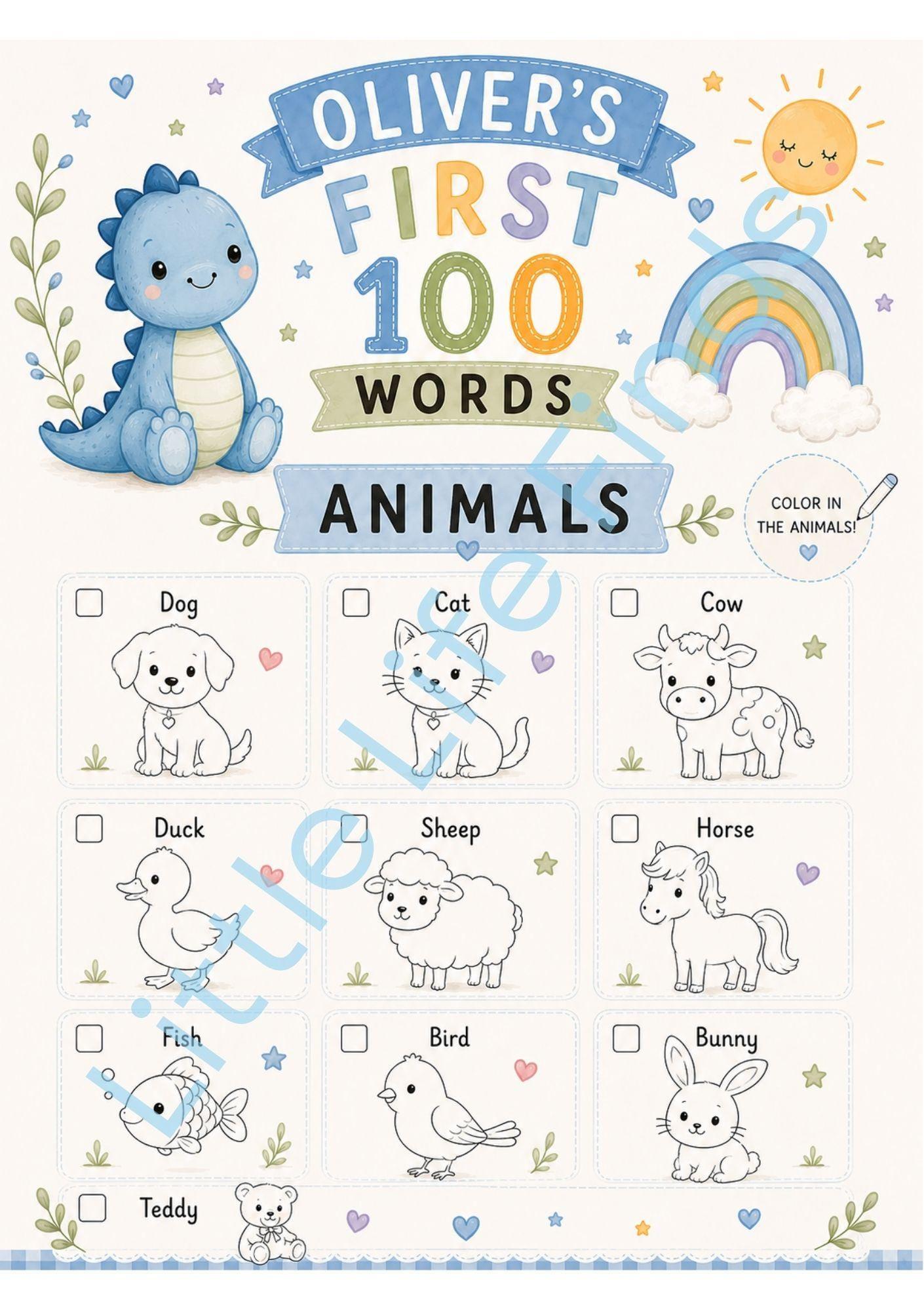 Personalised Boys First 100 Words Learning Dinosaur Coloring Book Printable PDF Toddler Educational Keepsake.