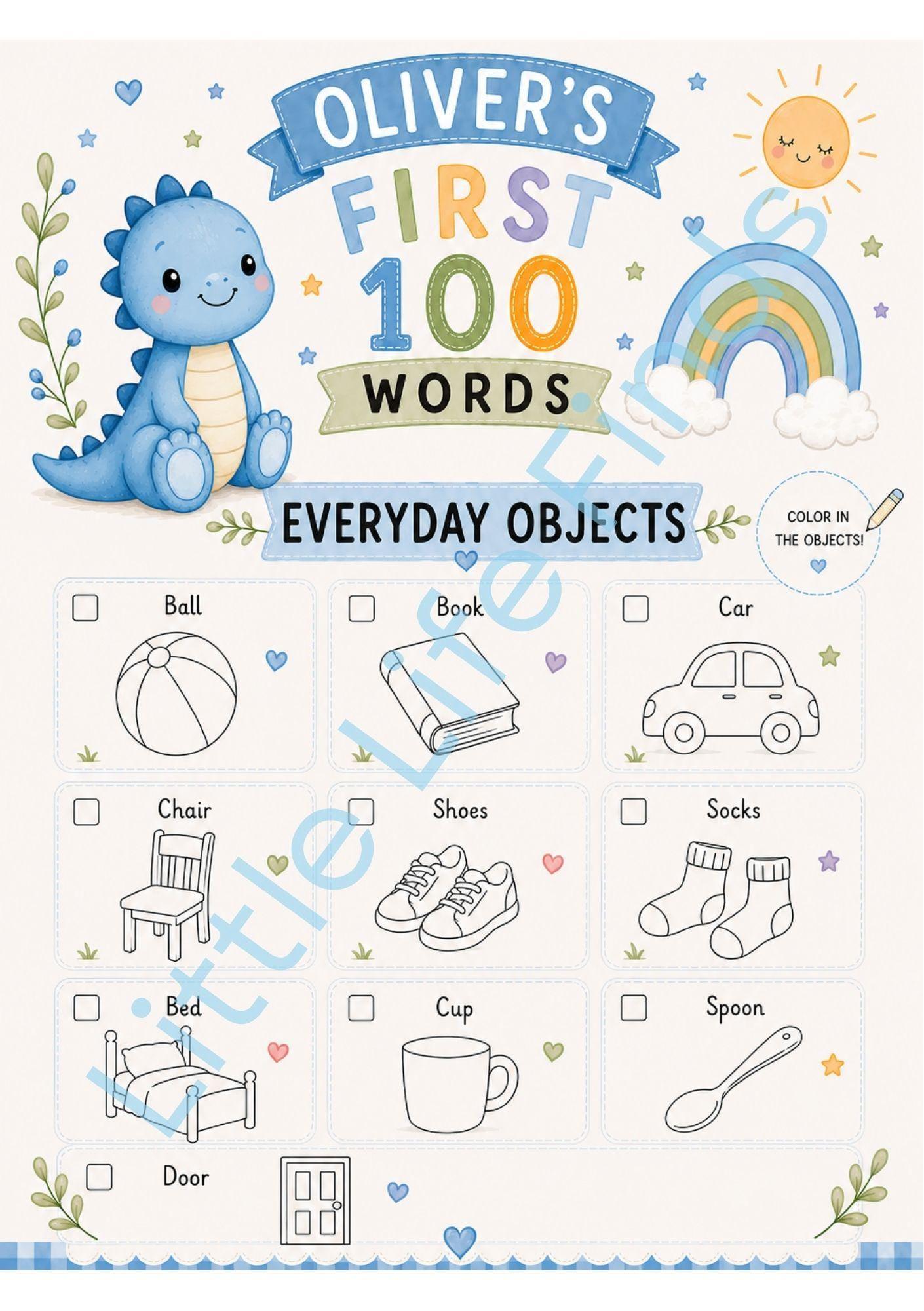 Personalised Boys First 100 Words Learning Dinosaur Coloring Book Printable PDF Toddler Educational Keepsake.