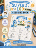 Personalised Boys First 100 Words Learning Dinosaur Coloring Book Printable PDF Toddler Educational Keepsake.