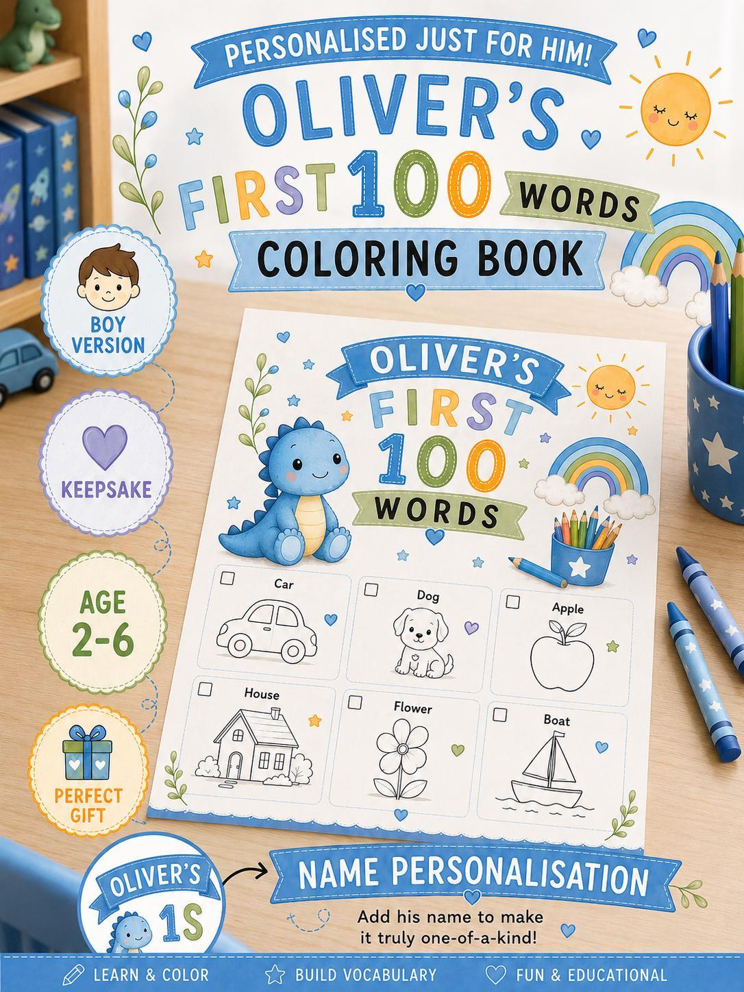 Personalised Boys First 100 Words Learning Dinosaur Coloring Book Printable PDF Toddler Educational Keepsake.