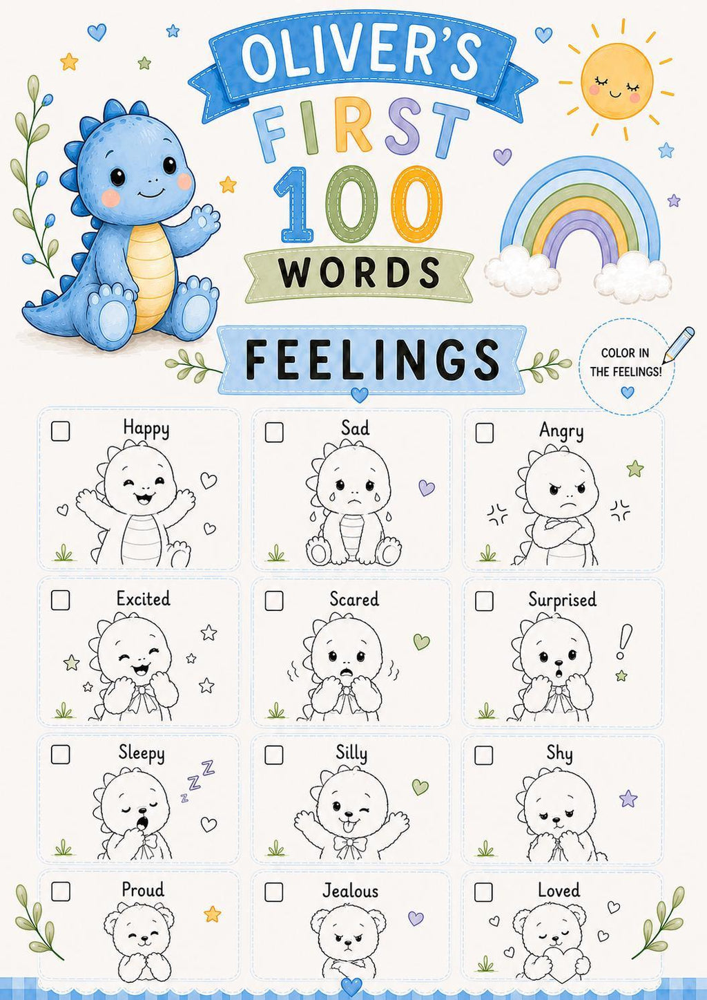 Personalised Boys First 100 Words Learning Dinosaur Coloring Book Printable PDF Toddler Educational Keepsake.