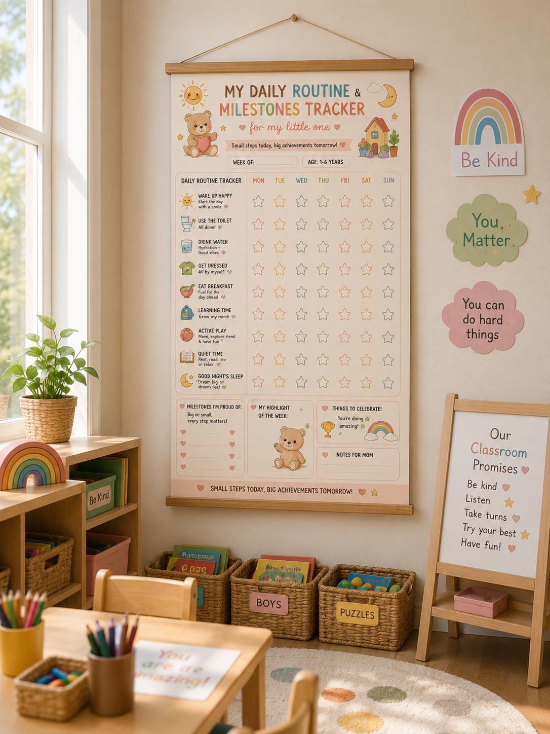 Daily Routine Milestones Tracker Rolled Poster | Kids Behavior Chart, Toddler Routine