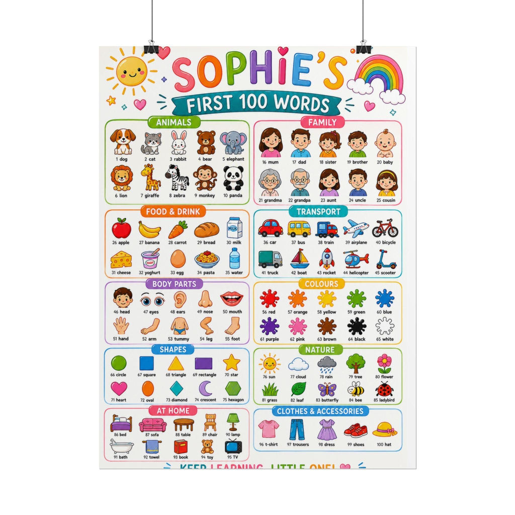 Personalised Girl's First 100 Words Rolled Poster | Kids Educational Wall Chart.