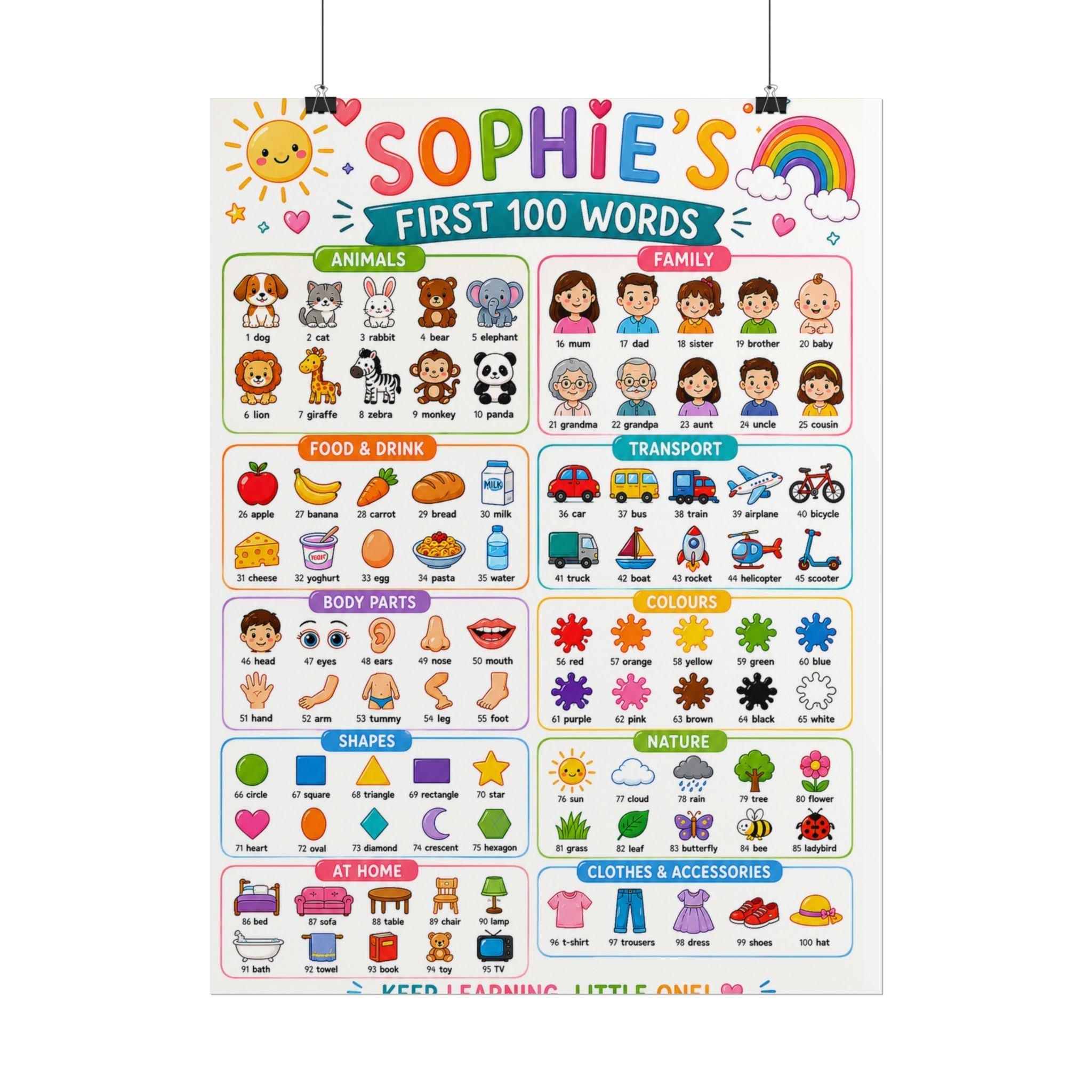 Personalised Girl's First 100 Words Rolled Poster | Kids Educational Wall Chart.