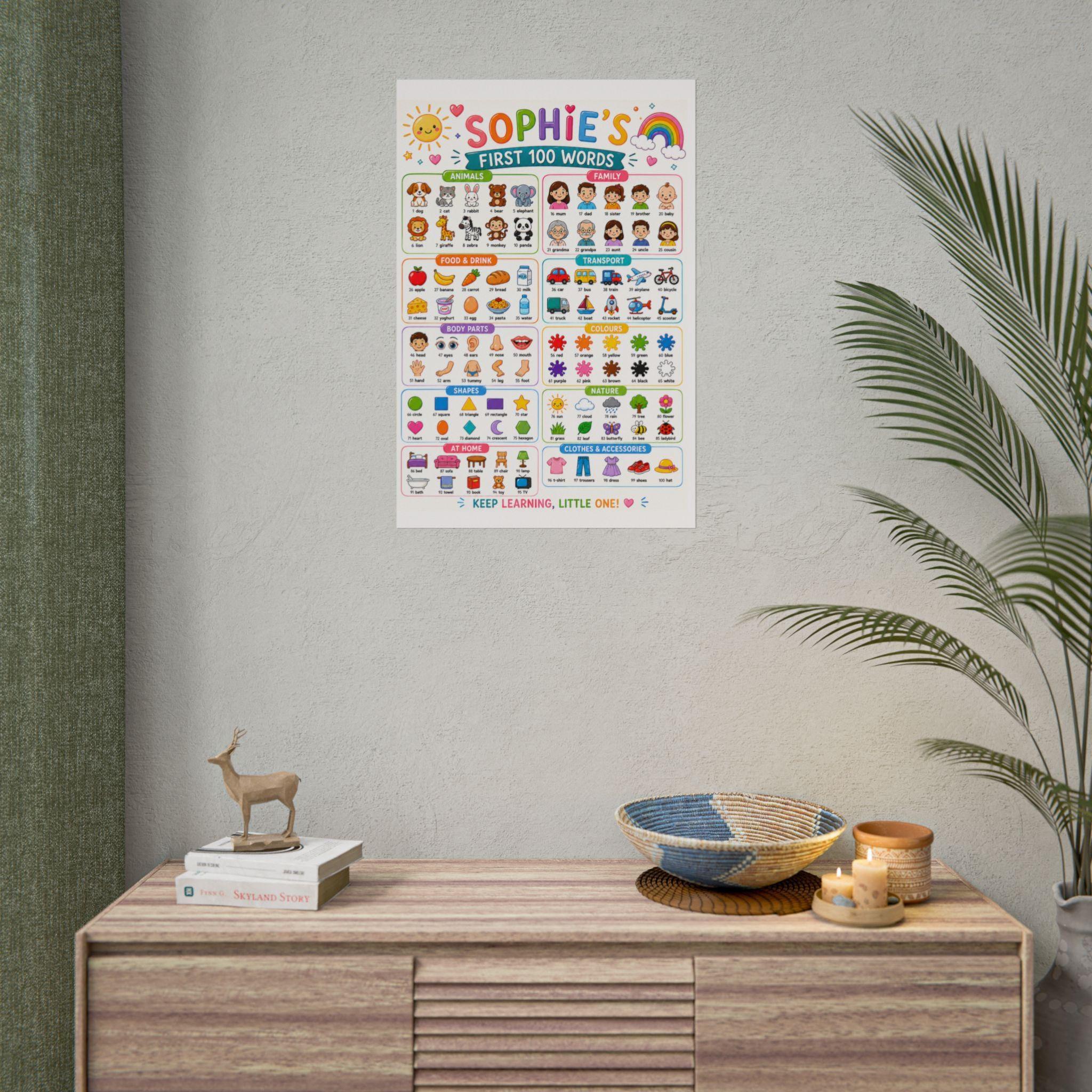 Personalised Girl's First 100 Words Rolled Poster | Kids Educational Wall Chart.