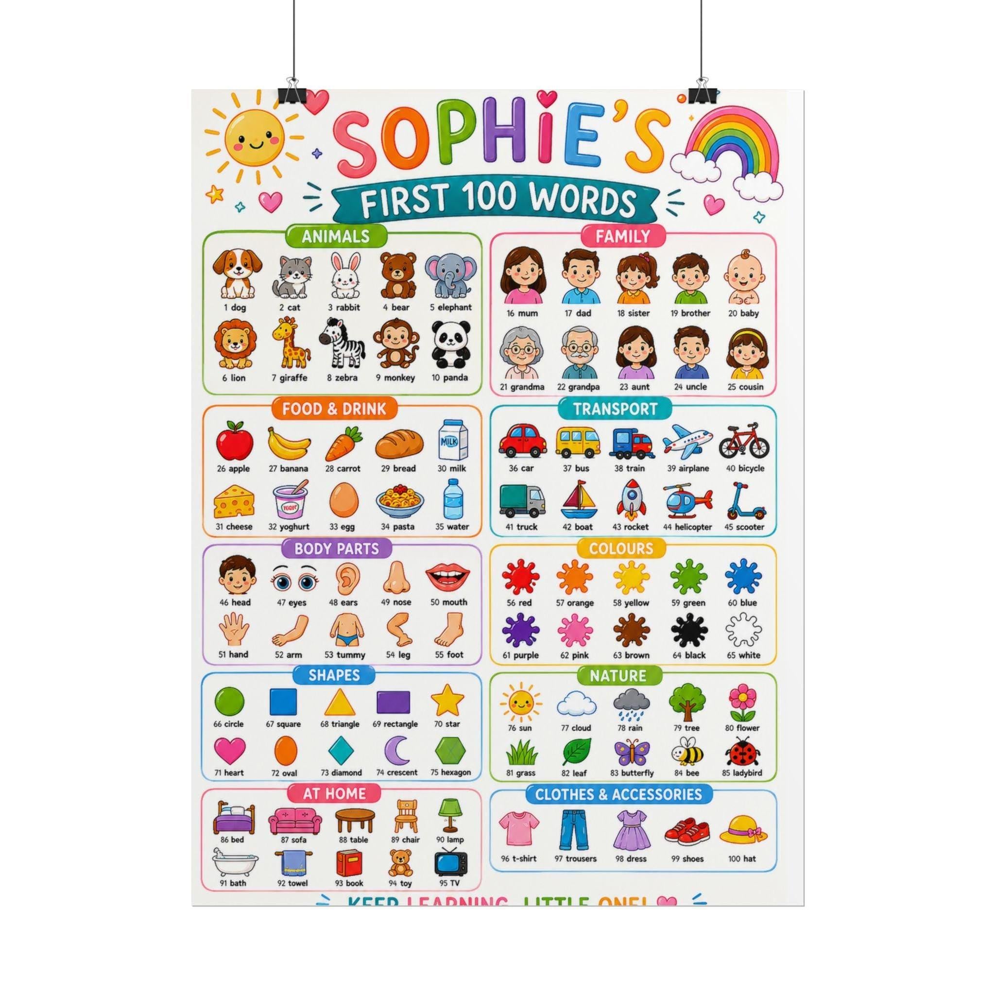 Personalised Girl's First 100 Words Rolled Poster | Kids Educational Wall Chart.