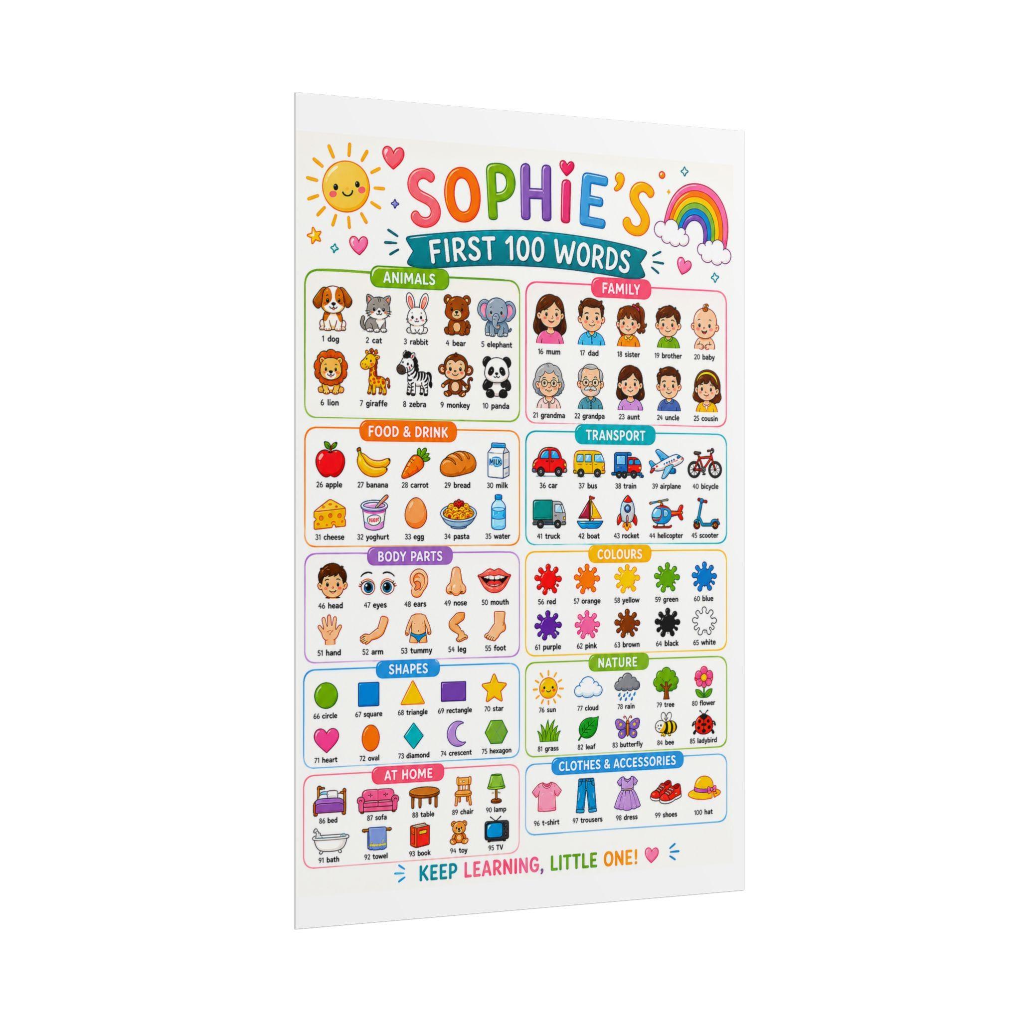 Personalised Girl's First 100 Words Rolled Poster | Kids Educational Wall Chart.