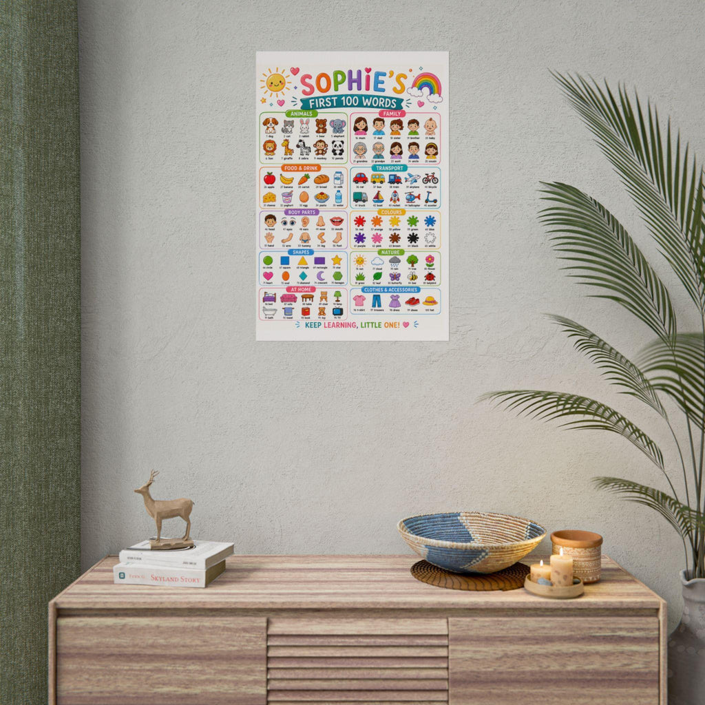 Personalised Girl's First 100 Words Rolled Poster | Kids Educational Wall Chart.