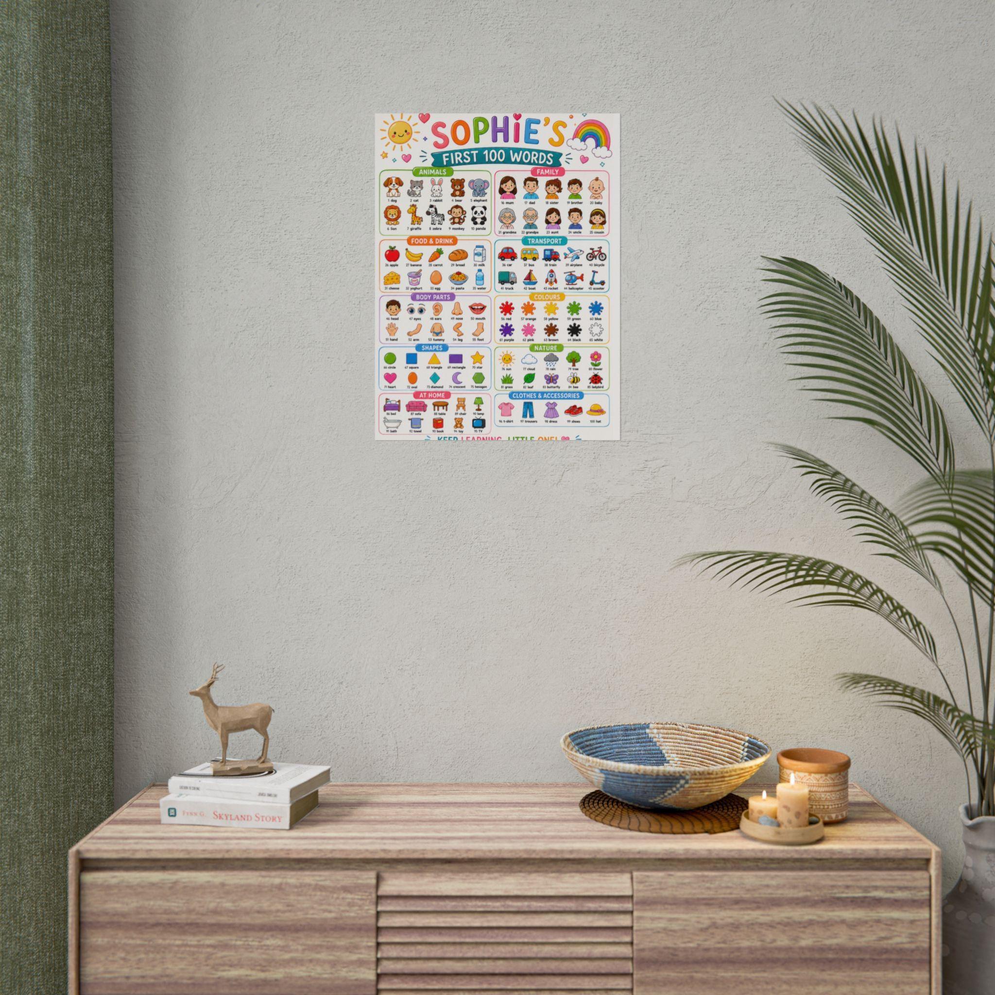 Personalised Girl's First 100 Words Rolled Poster | Kids Educational Wall Chart.