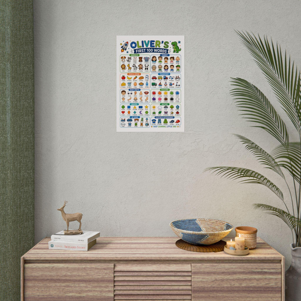Personalised Boy's First 100 Words Rolled Poster | Kids Educational Wall Chart.