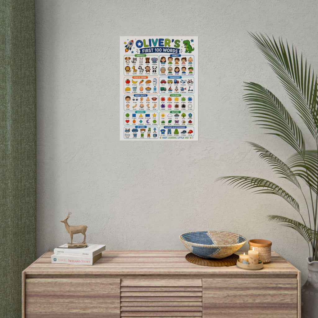 Personalised Boy's First 100 Words Rolled Poster | Kids Educational Wall Chart.