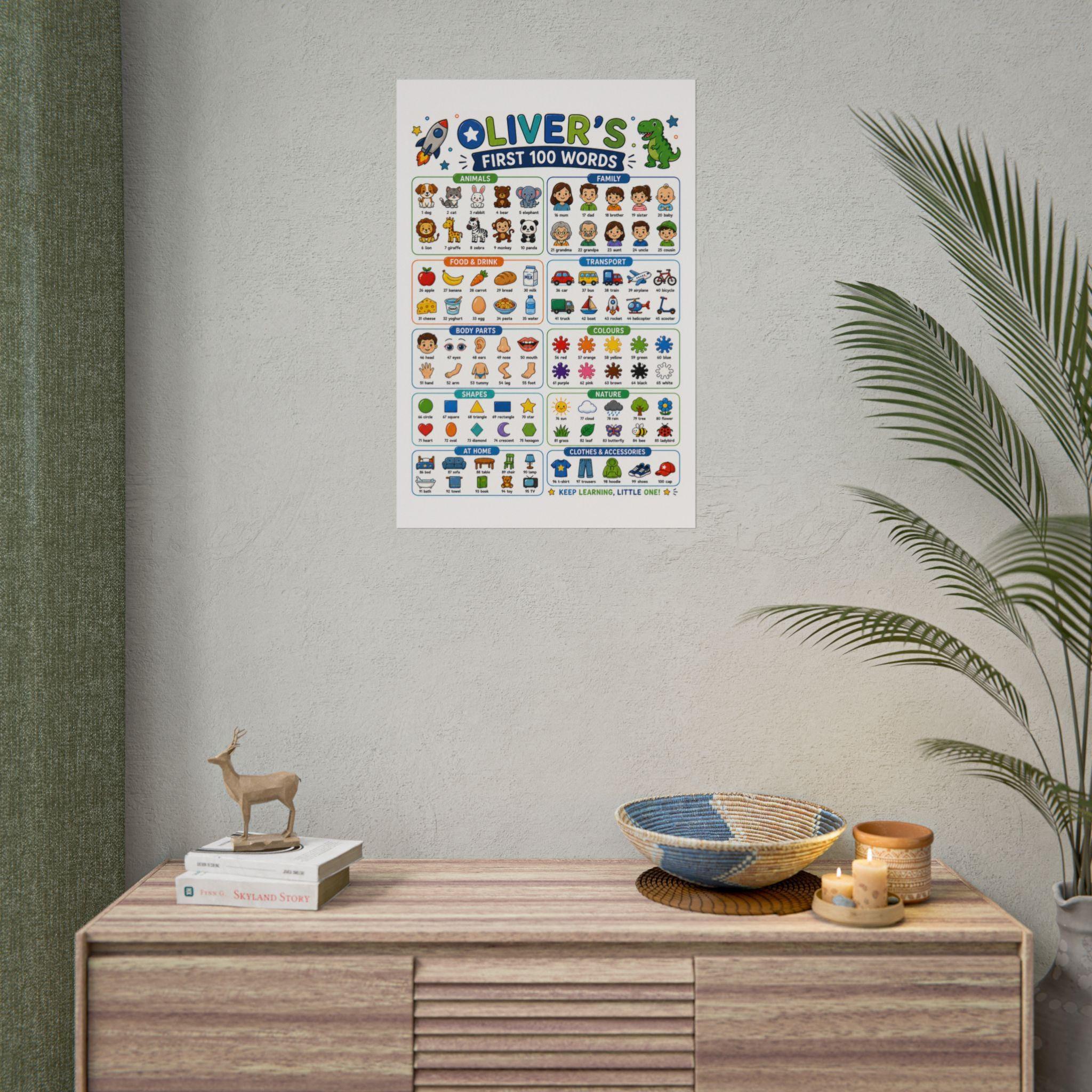 Personalised Boy's First 100 Words Rolled Poster | Kids Educational Wall Chart.