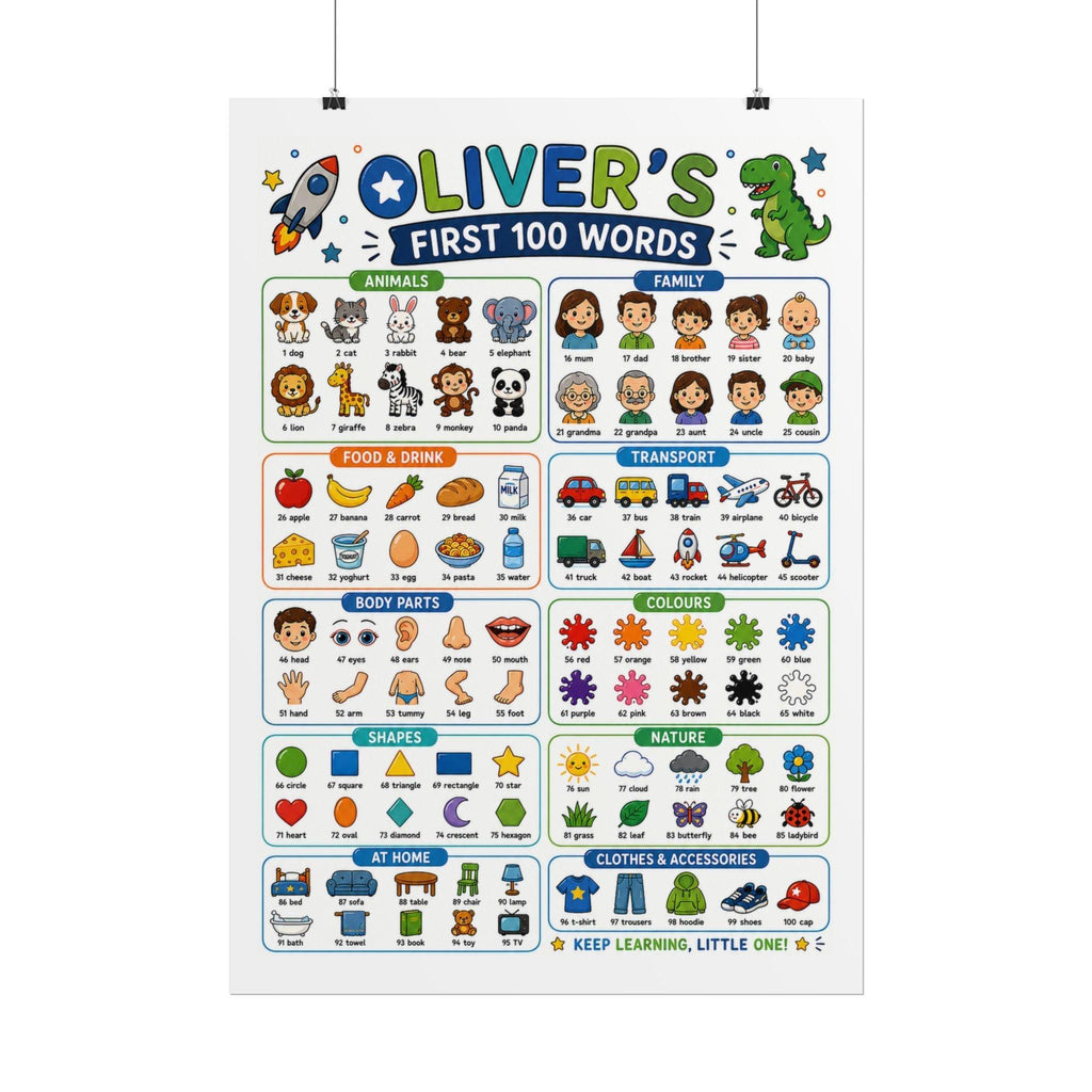 Personalised Boy's First 100 Words Rolled Poster | Kids Educational Wall Chart.