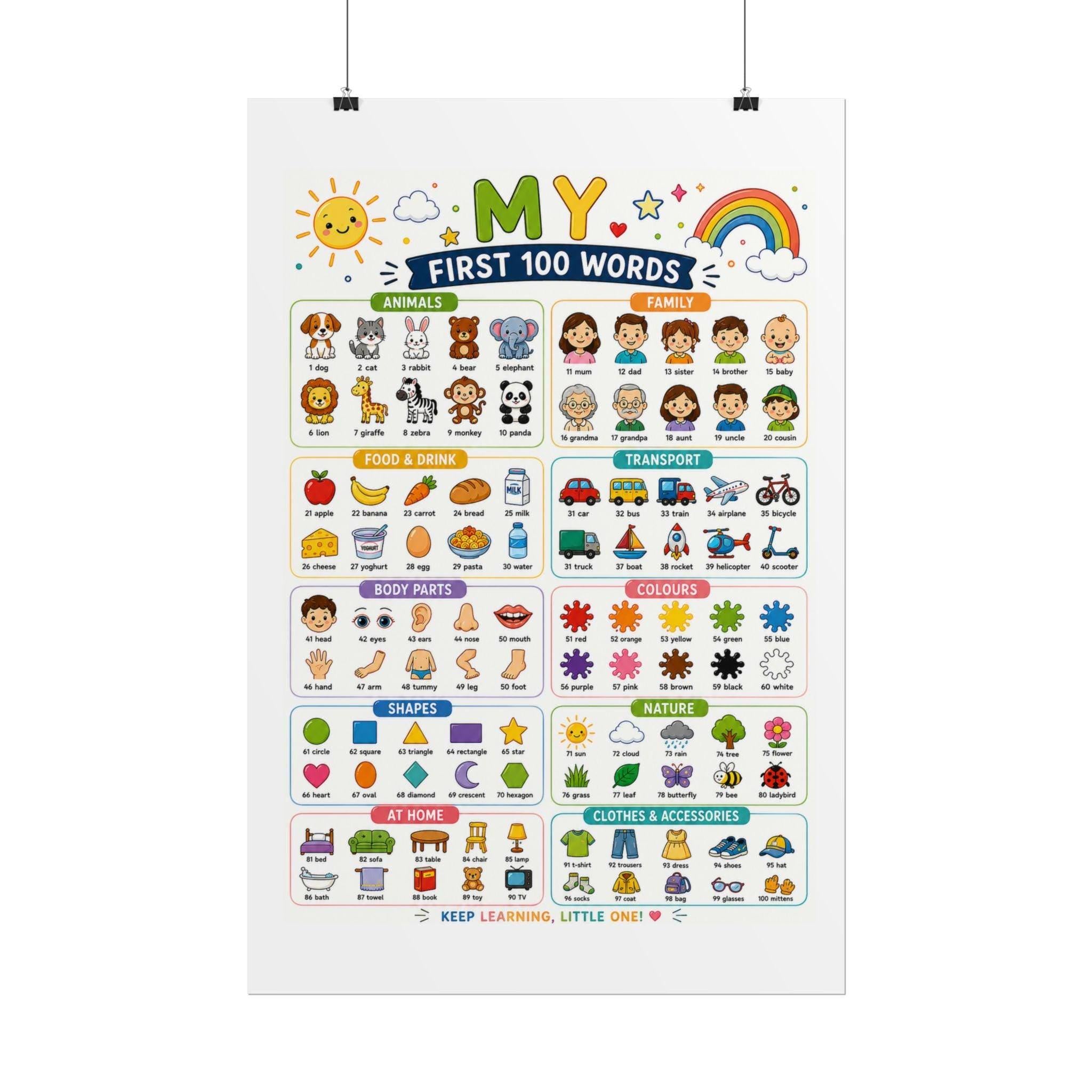 First 100 Words Rolled Poster | Kids Educational Wall Chart.